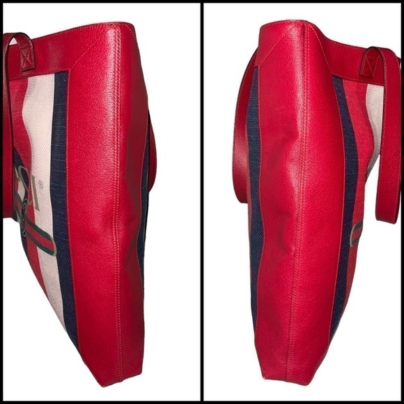 GUCCI Canvas Calfskin Sylvie Stripe Logo Mens Tote Red White Blue Large. - Picture 8 of 16